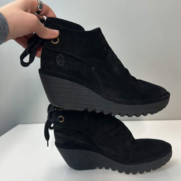 Fly London Yebi Ruched Suede Wedge Booties Size 10 - Picture 13 of 16